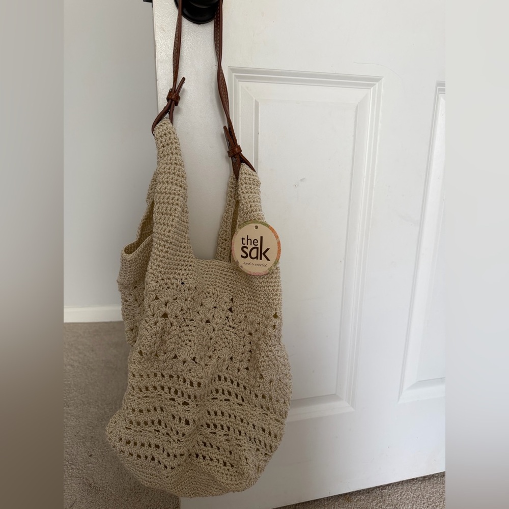 The Sak Cream Crochet Shoulder Bag with Brown Straps
